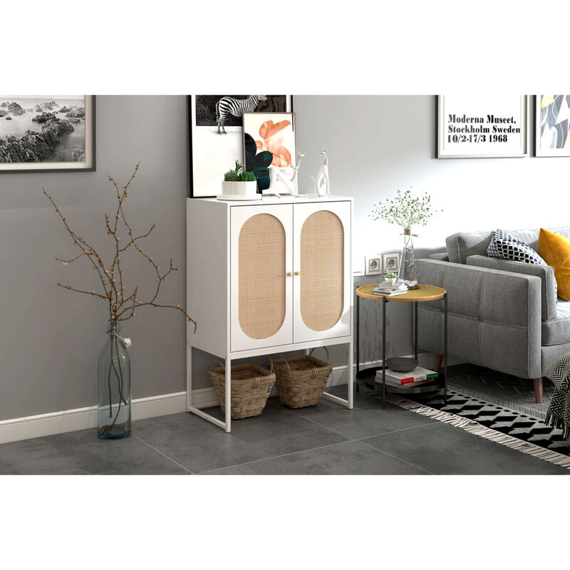 Natural Rattan 2 Door high cabinet, Built-in adjustable shelf, Easy Assembly, Free Standing Cabinet for Living Room Bedroom