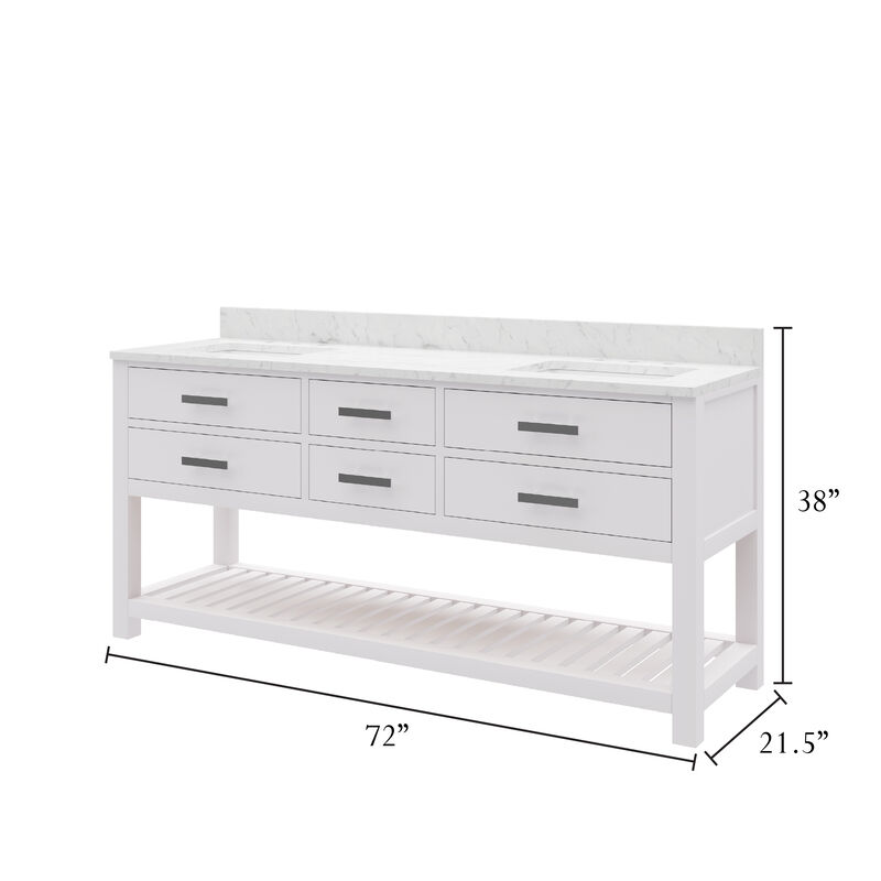 Madalyn 72 In. Double Sink Carrara White Marble Countertop Bath Vanity in Pure White