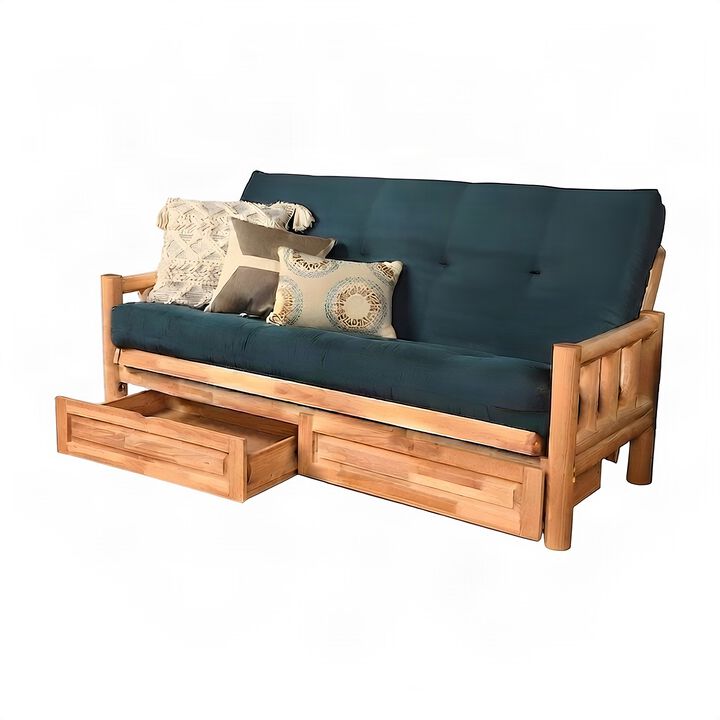 Lodge Frame-Natural Finish-Suede Navy Mattress-Storage Drawers