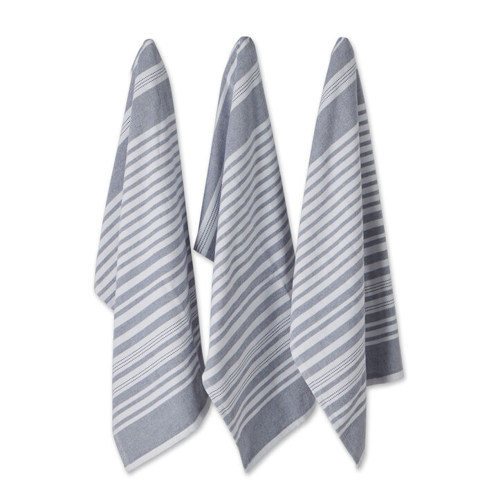 Set of 3 White and French Blue French Terry Variegated Stripe Dish Towel  28"