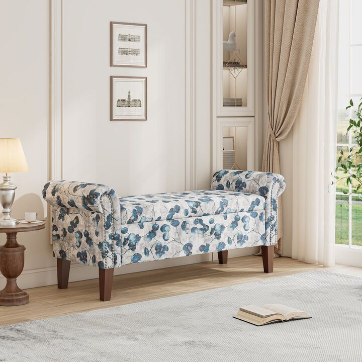 HL Home Furnishings Rolled Arm Storage Ottoman in Blue Floral Bonsai