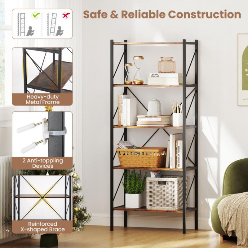 Hivvago 5-Tier Bookshelf with Open Shelves and Heavy Duty Metal Frame