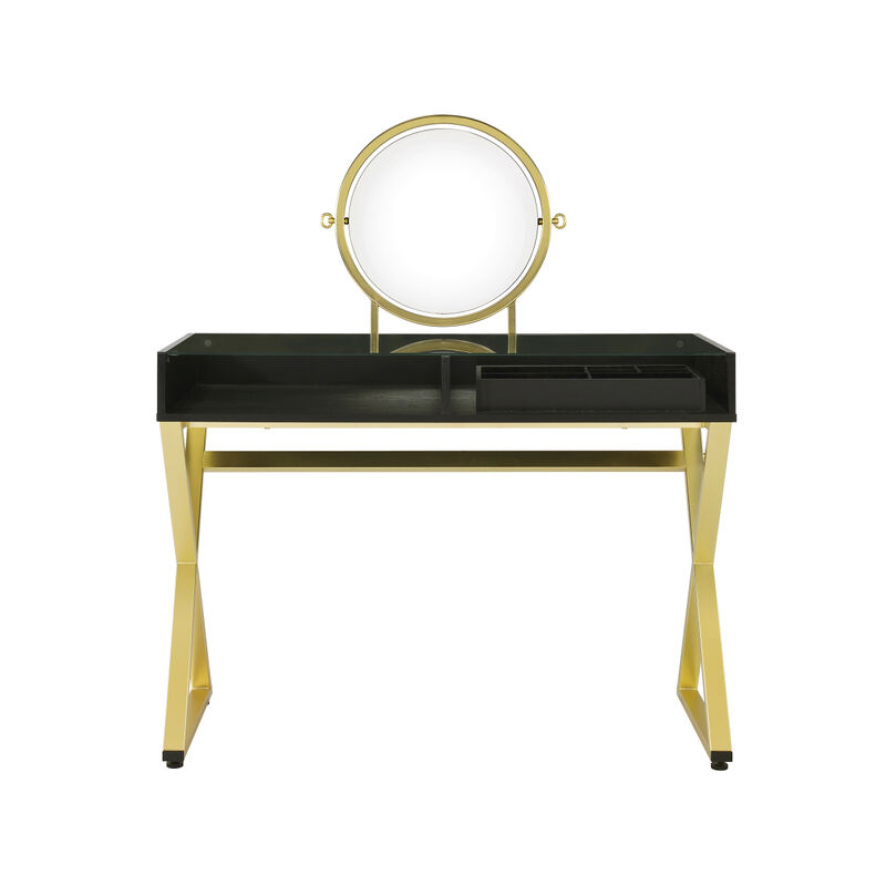 Coleen Vanity Desk w/Mirror & Jewelry Tray in Black & Gold Finish