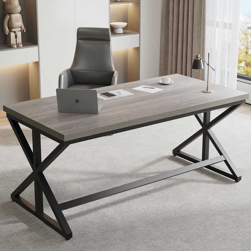 Top True Wood Computer Desk, Modern Writing Desk with Metal Frame for Home Office image number 4