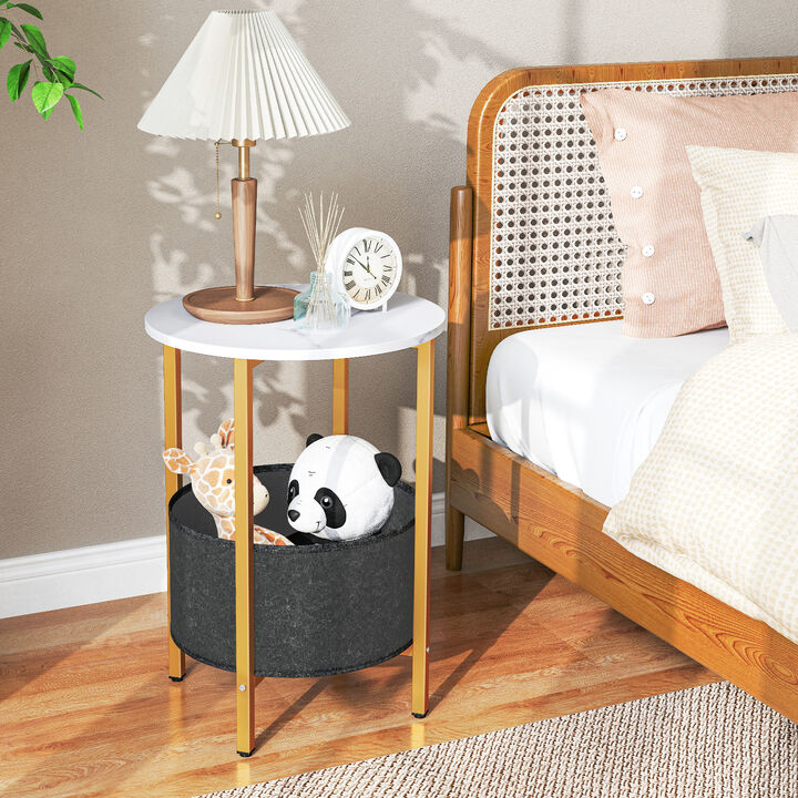 Round End Table 2-Tier Side Table with Removable Fabric Basket and Metal Frame