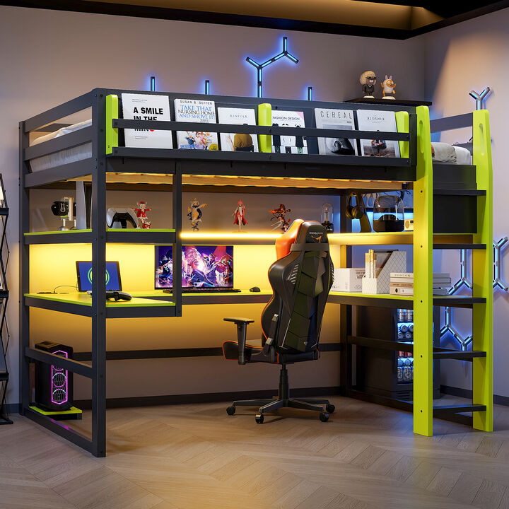 Merax Gaming Wood Loft Bed with RGB LED, USB Ports & Storage Rack