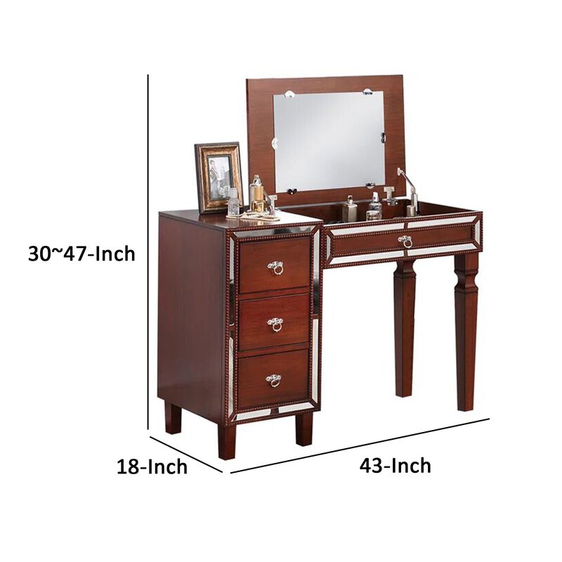Sosi 47 Inch Vanity Desk Set with Stool, 3 Mirror Inlaid Drawers, Brown