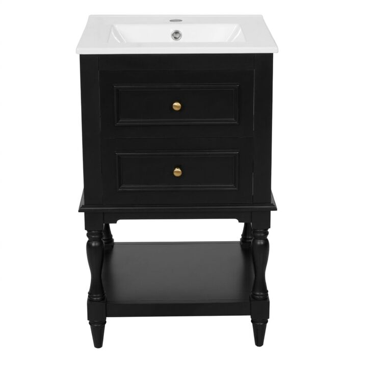 ELEMENT ACE 20 Inch Bathroom Vanity with Integrated Ceramic Sink, Freestanding Bathroom Cabinet with 2 Drawers and Open Shelf