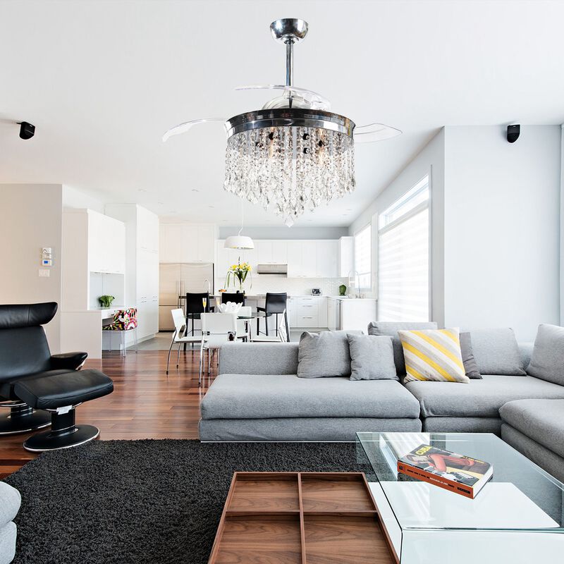 42" Modern Chrome Crystal Ceiling Fan Chandelier with Remote