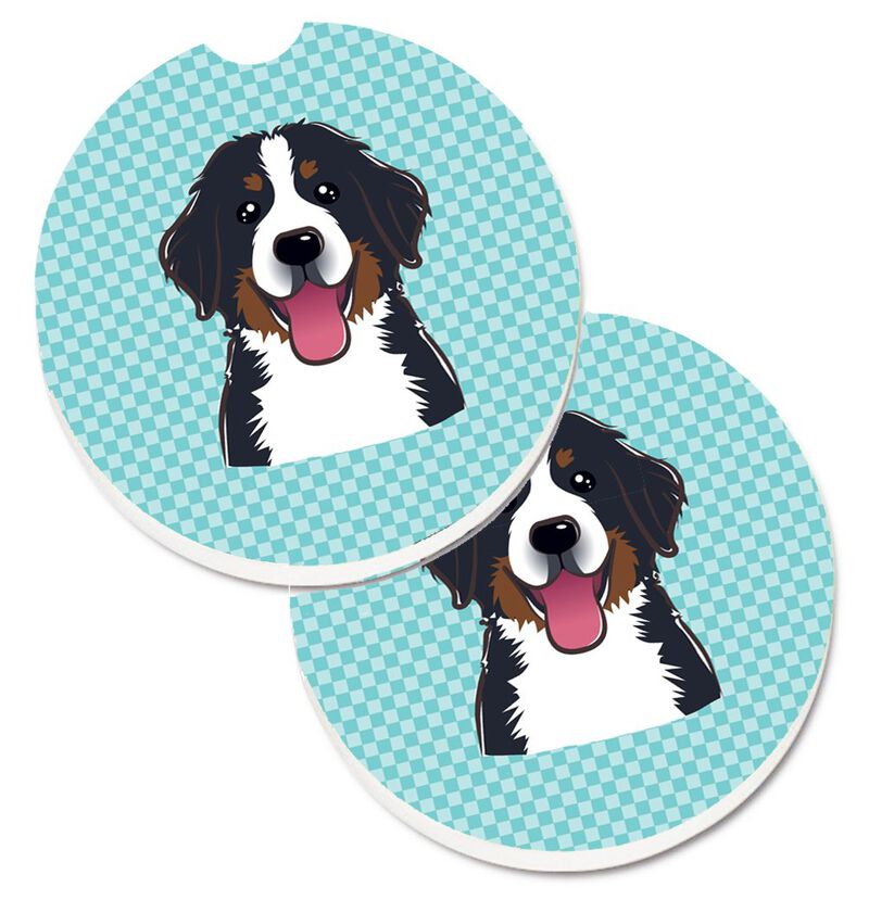 Caroline's Treasures Checkerboard Blue Bernese Mountain Dog Set of 2 Cup Holder Car Coasters BB1175CARC, 2.56, Multicolor
