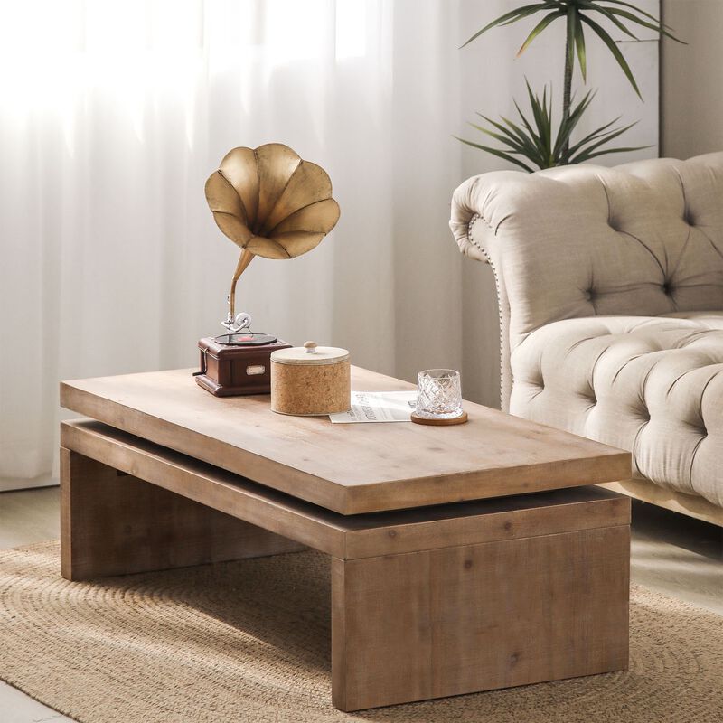 Rustic Farmhouse Rectangular Coffee Table with Floating Tabletop Design, Wooden Living Room Table image number 1