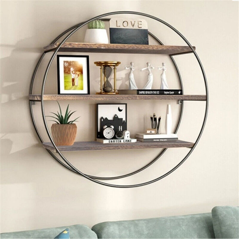 Hanging Storage Shelf Round Circular Wall Mounted 3-Tier Rack Decoration Black image number 9