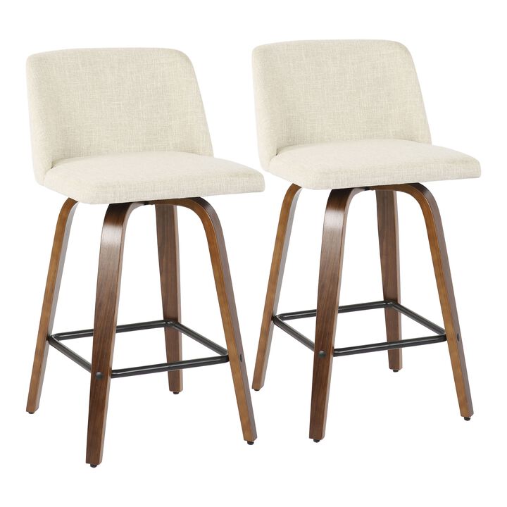 Toriano Mid-Century Modern Counter Stool in Walnut and Cream Fabric by LumiSource - Set of 2