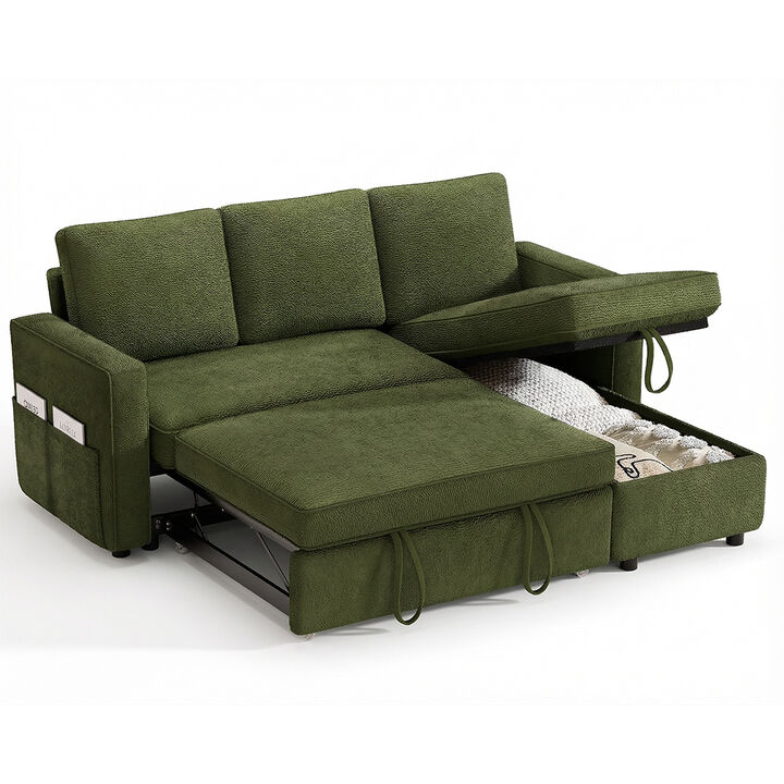 81" Sleeper Sofa Bed, 2 in 1 Pull Out Couch, Sectional Sofa with Reversible Storage, Side Pockets