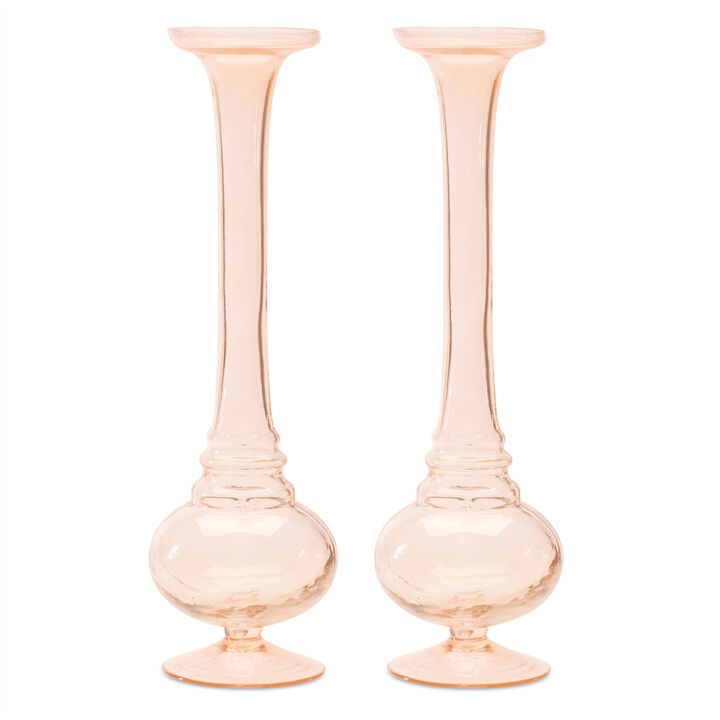 HomeRoots Set of Two 11" Pink Glass Trumpet Table Vases
