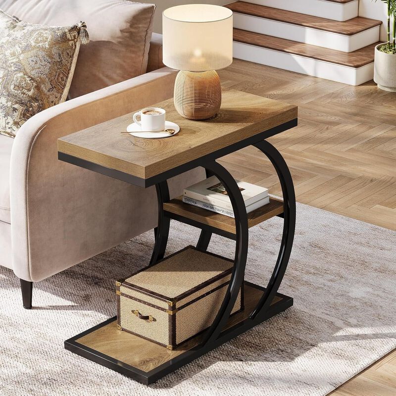 C-Shaped End Table, 3-Tier Side Table with Storage for Living Room image number 6