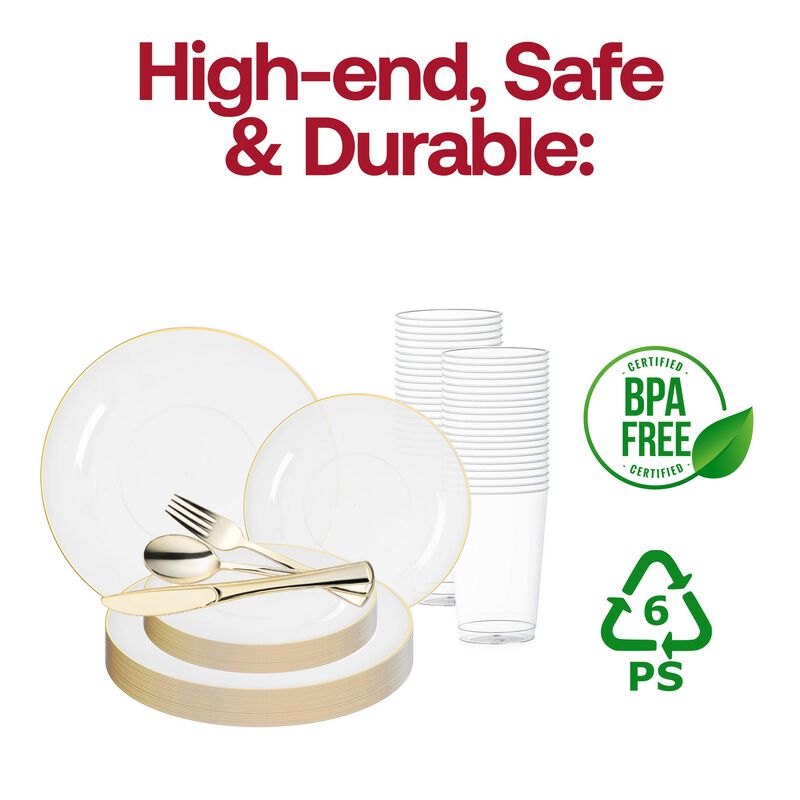 Clear with Gold Rim Organic Round Plastic Plastic Wedding Value Set (120 Sets) image number 4
