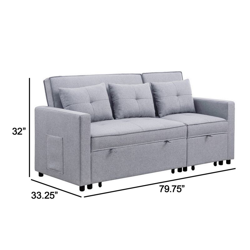 Jayce 80 Inch Wood Convertible Sleeper Sofa with Side Pocket, Light Gray-Benzara
