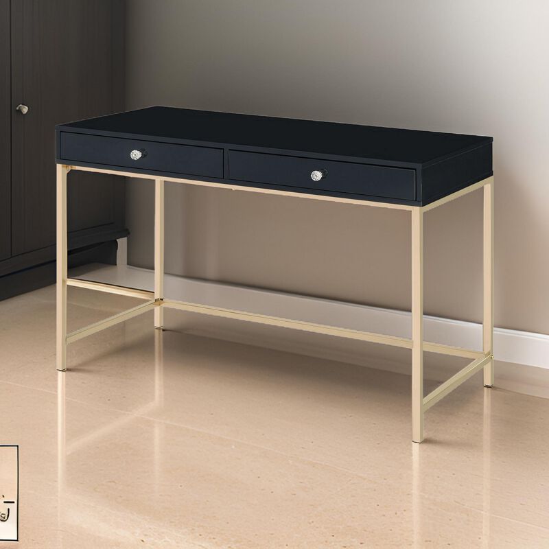 Writing Desk with 2 Storage Compartments, Black and Gold - Benzara
