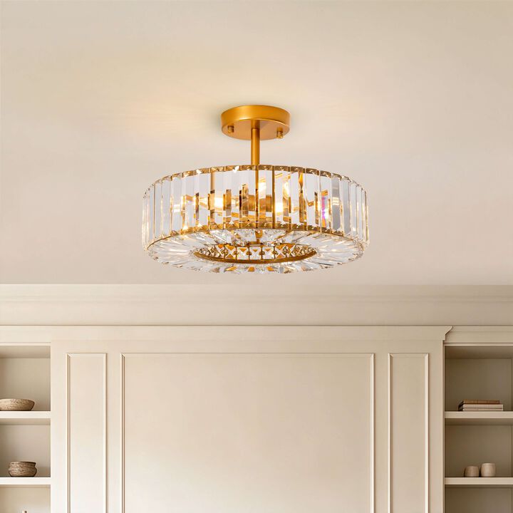 Sonia 15" 4- Light Clear Crystal Glass Round Drum Semi-Flush Mount - Low-gloss Warm Brass Finish