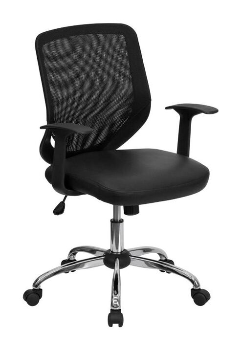Flash Furniture Mid-Back Black Office Chair with Mesh Back and Leather Seat