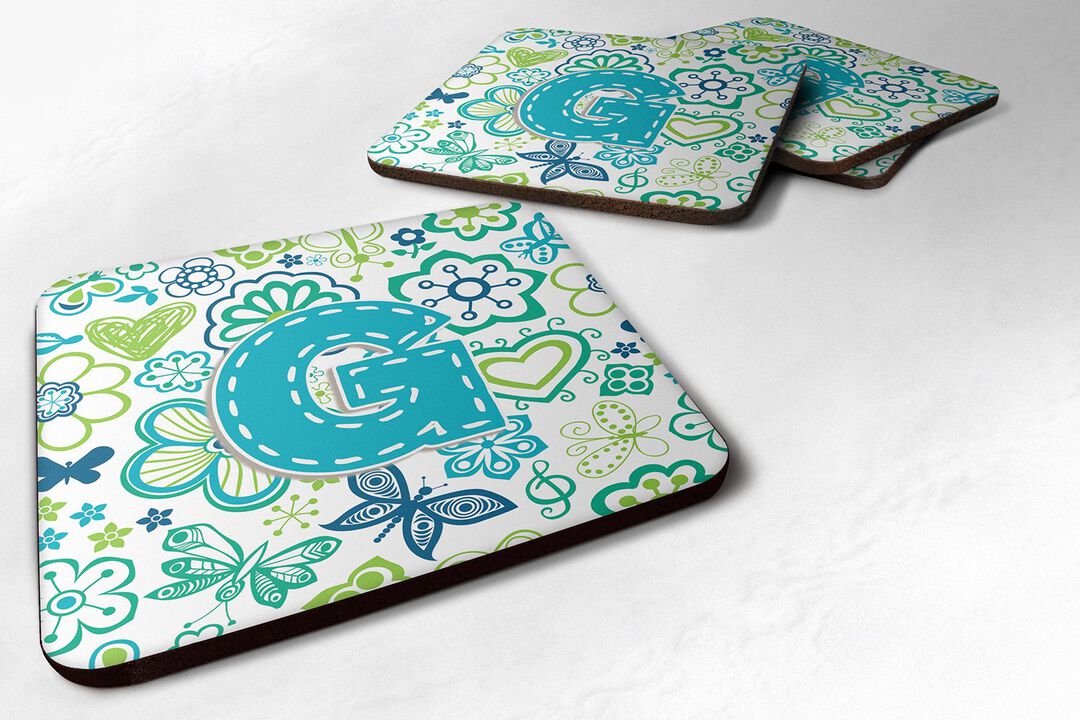 Caroline's Treasures CJ2006-GFC Letter G Flowers and Butterflies Teal Blue Foam Coasters (Set of 4), 3.5, Multicolor