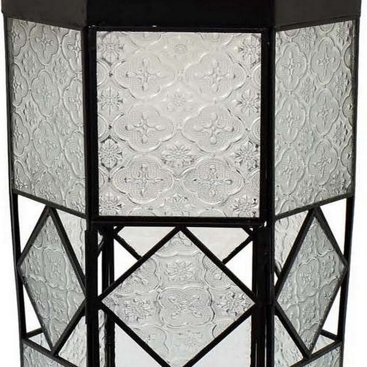 23 Inch Modern Decorative Lantern, Hexagonal Glass Case, Black Metal - Benzara