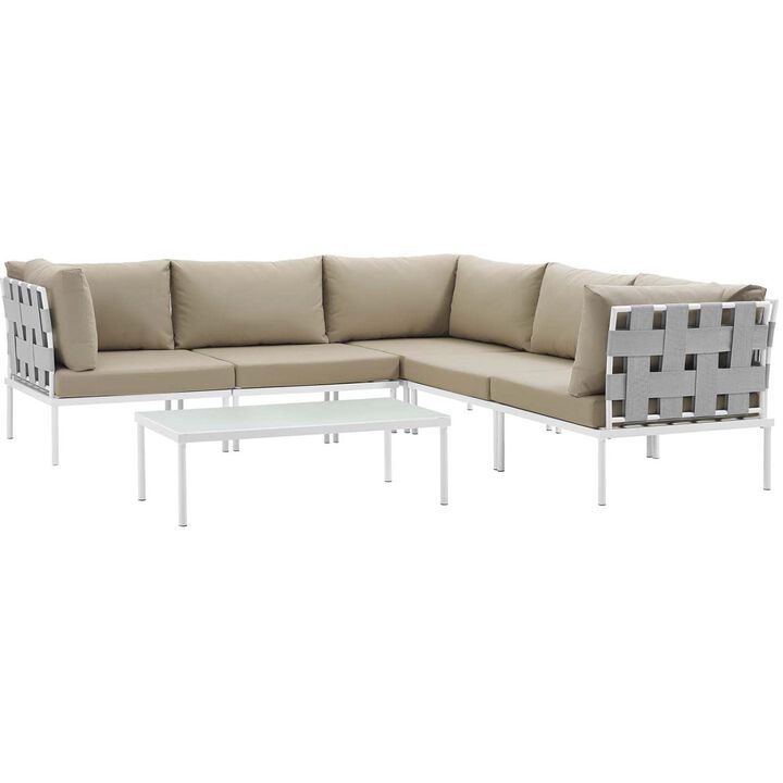 Harmony 6 Piece Outdoor Patio Aluminum Sectional Sofa Set - White Beige