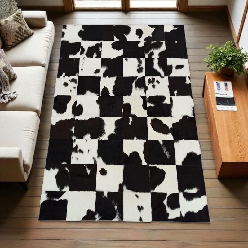 Black White Cowhide Patchwork Rug image number 5