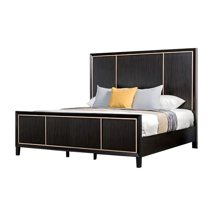Yada 4pc Queen Bedroom Set w Dresser Mirror, Espresso Brown with Gold Trim