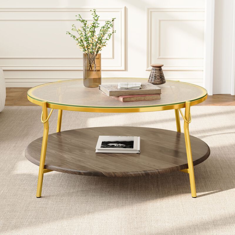 GOODSILO Modern Round Two-Tiered Coffee Table with Glass Top and Gold Metal Base for Contemporary Living Room D&eacute;cor image number 3