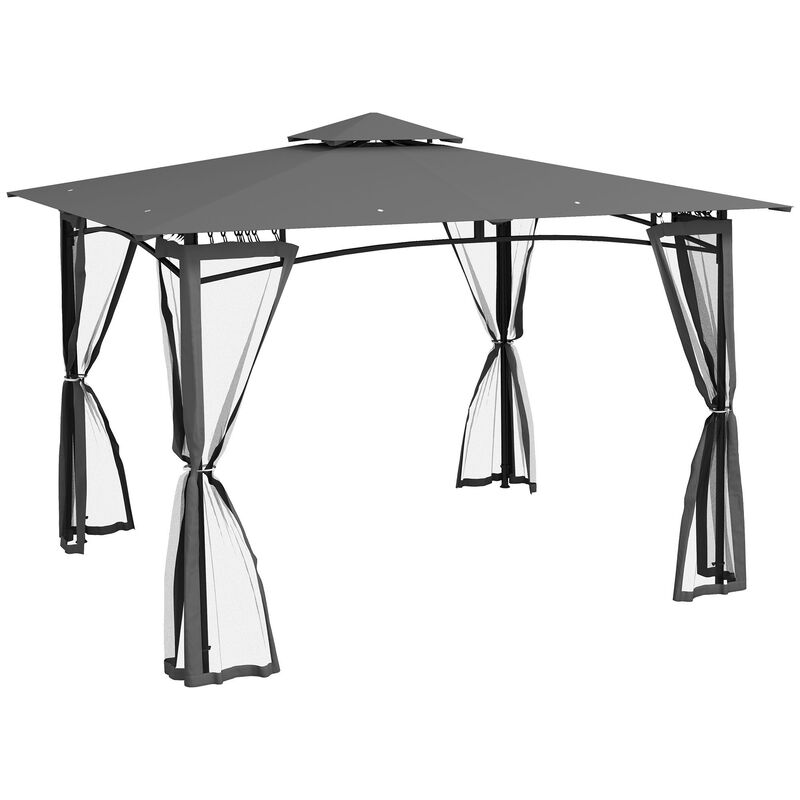 Outsunny 10' x 12' Patio Gazebo with Netting, Double Roof Outdoor Gazebo Canopy Shelter, Solid Metal Frame for Garden, Lawn, Backyard, Deck, Dark Gray