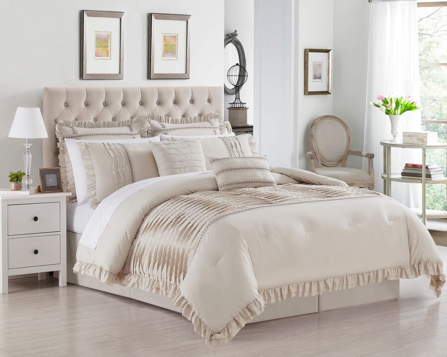 Chic Home Yvette Comforter Set Ruffled Pleated Flange Border Design Bedding Beige, Queen