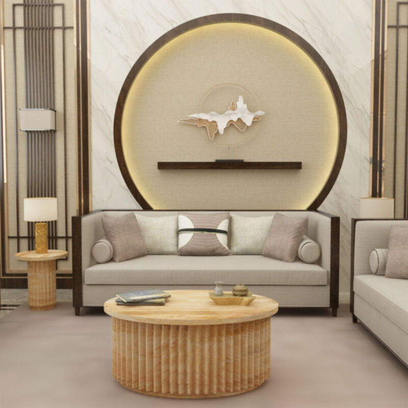 Muna Coffee Table, 36 Inch Oval Top, Handcrafted Mango Wood, Reeded Base with Hidden Storage, Natural Brown