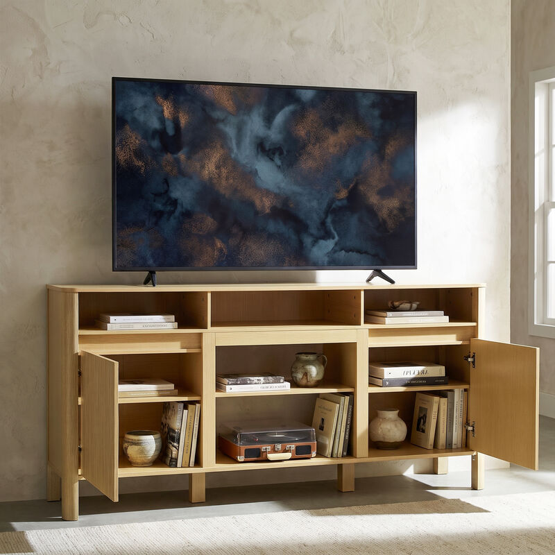68" Farmhouse Natural Wood Fluted Door TV Stand Media Console Storage Cabinet for TVs up to 75" image number 3