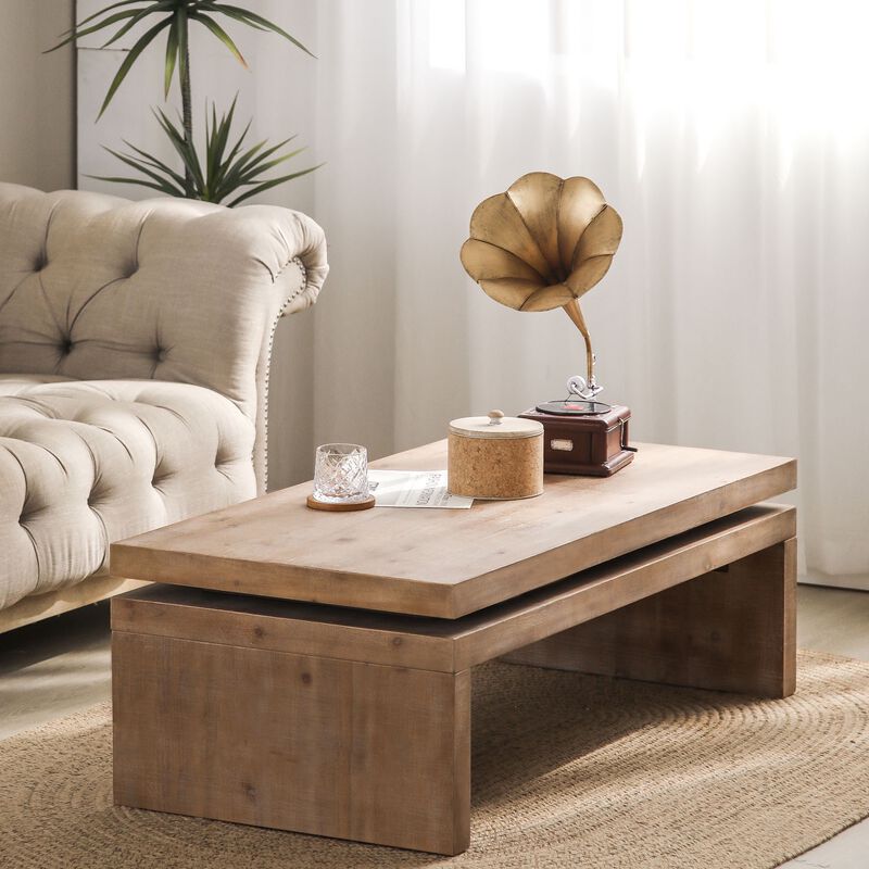 Rustic Farmhouse Rectangular Coffee Table with Floating Tabletop Design, Wooden Living Room Table image number 2