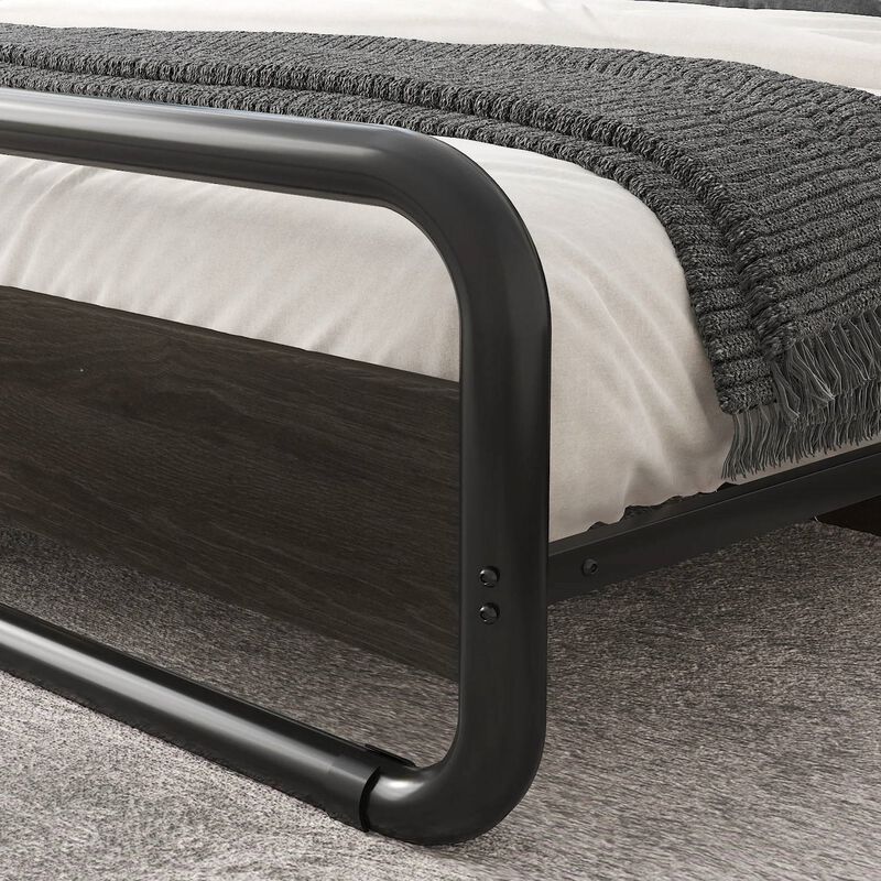 Hivvago King Heavy Duty Round Metal Frame Platform Bed with Black Wood Panel Headboard