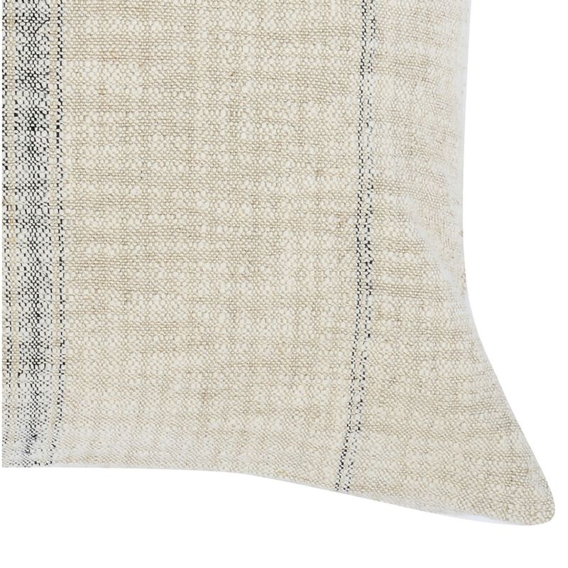 Tia 22 Inch Square Accent Throw Pillow with Woven Black Stripe, Beige Linen - Benzara
