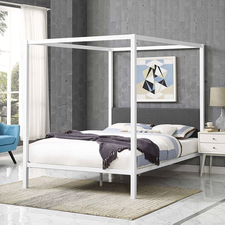 Hivvago Queen size White Metal Canopy Bed Frame with Grey Fabric Upholstered Headboard