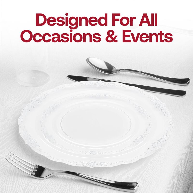 Clear with Silver Vintage Rim Round Plastic Wedding Value Set (30 Sets) image number 6