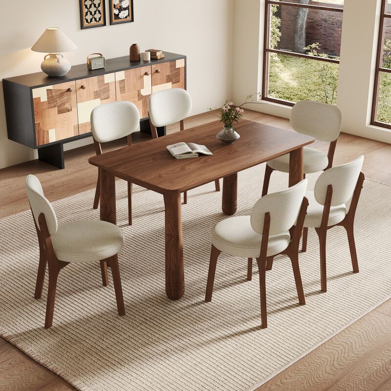 63" Solid Wood Dining Table Set with 6 Upholstered Chairs, rectangular dining room table set with sturdy wood frame, modern farmhouse dining furniture set image number 1