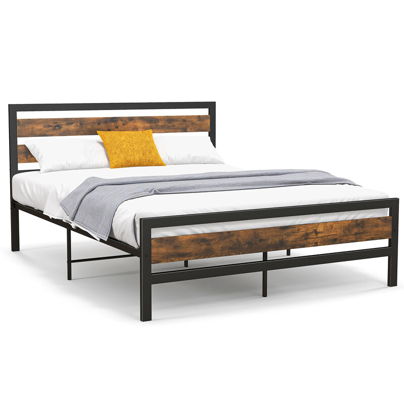Industrial Bed Frame with Rustic Headboard and Footboard-Queen Size