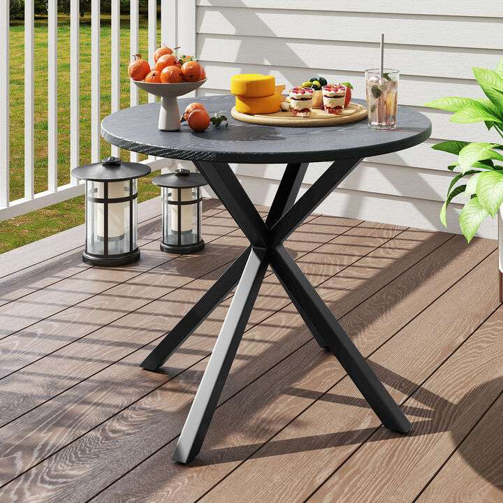Round Patio Bistro Table with Wood-Style Top and Sturdy X-Shaped Legs-Grey