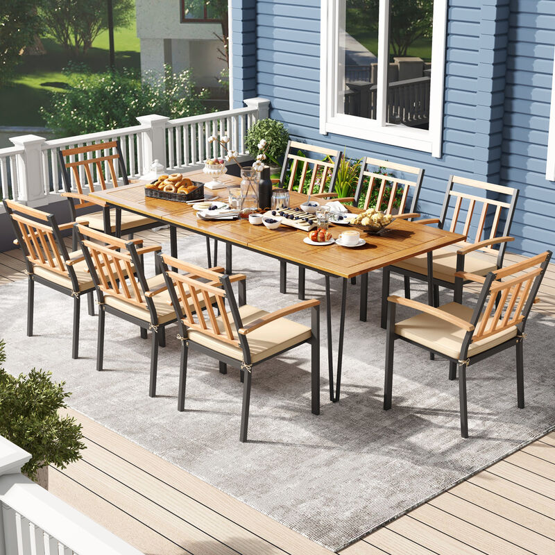 Outdoor 9-Piece Dining Set with 8 Chairs and Umbrella Hole for Patio