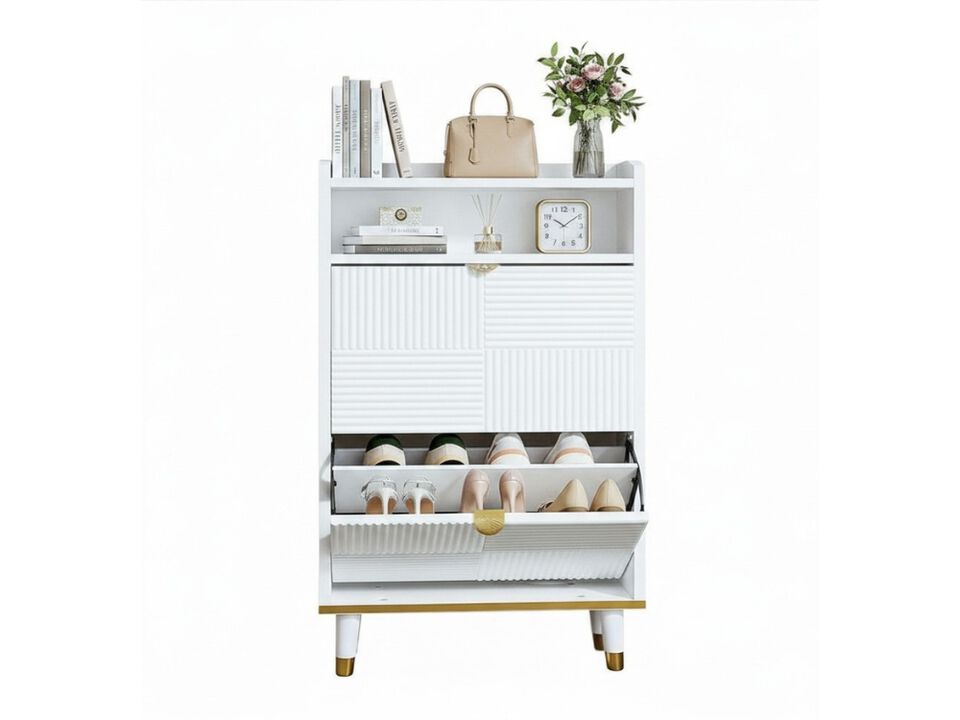 Slim Entryway Wood Shoe Storage Cabinet Flip Drawer Space Saving White