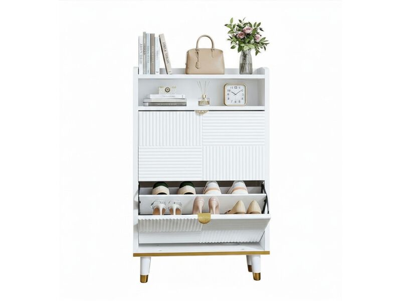 Slim Entryway Wood Shoe Storage Cabinet Flip Drawer Space Saving White image number 0