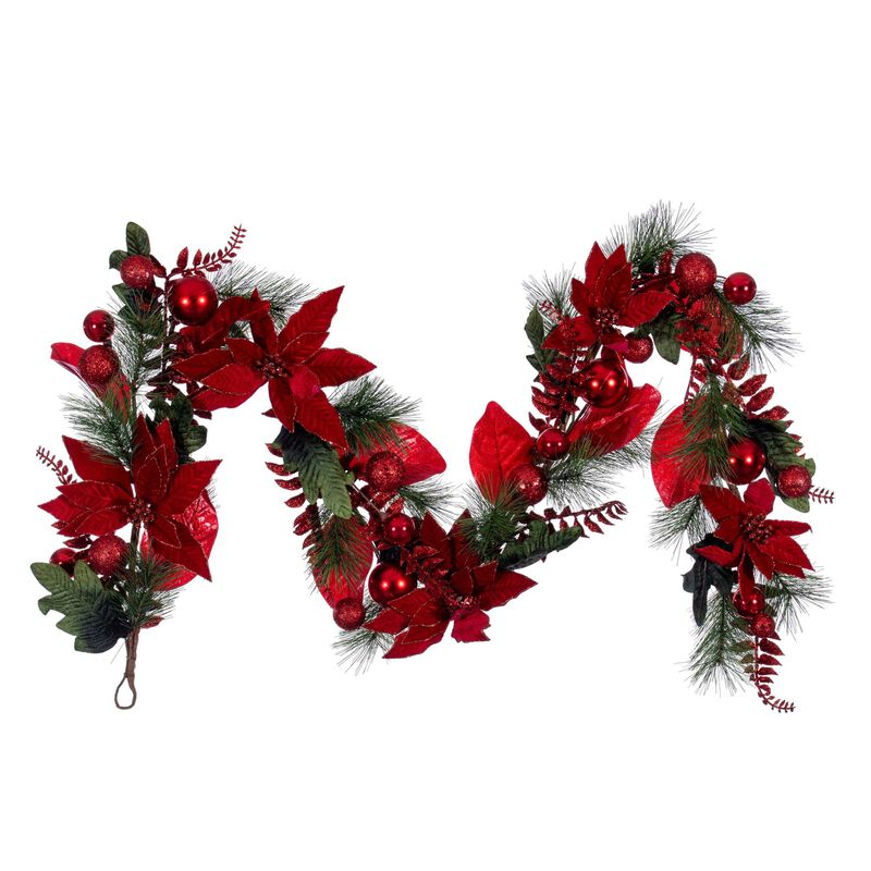 Vickerman 72" Merry Red Poinsettia, Ball, and Fern Decorated Garland. image number 0