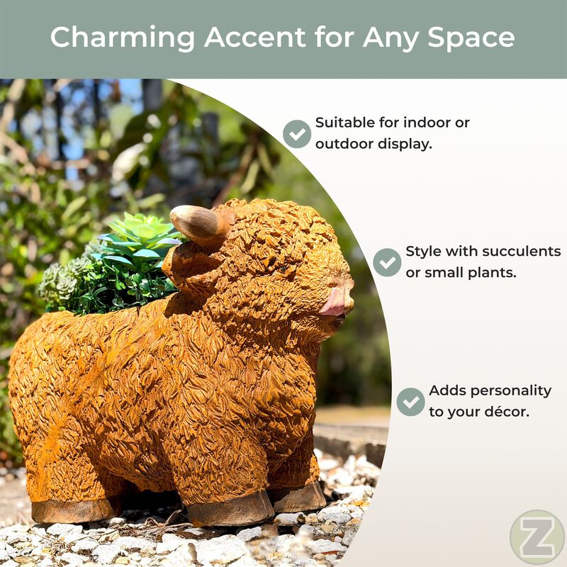 Zeckos Highland Cow Planter Brown Magnesium Oxide Farmhouse Decor 12in image number 4