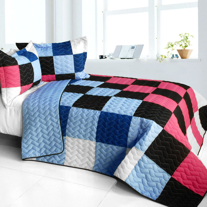 3PC Vermicelli-Quilted Patchwork Quilt Set Lightweight All-Season Bedding