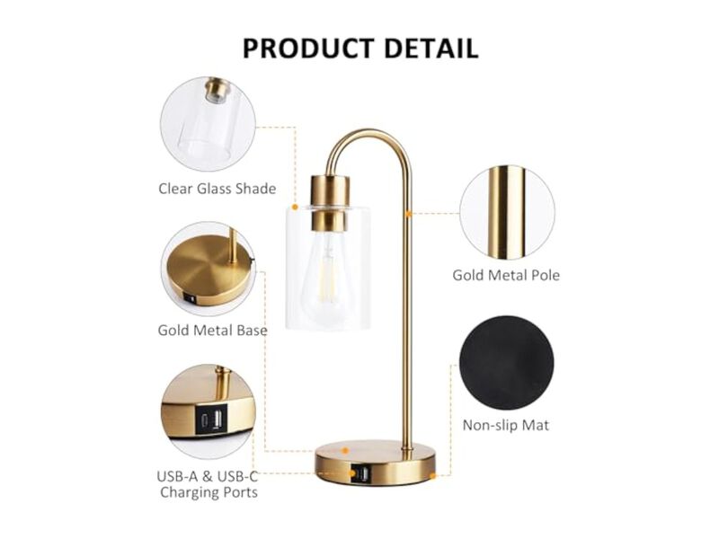 Dimmable LED USB C Glass Brass Nightstand Lamps Set Of 2 For Living Room Bedroom image number 2